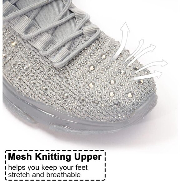 Women's Rhinestone Gray  Mesh Slip On Walking Breathable Glitter Sneaker Shoes - Picture 5 of 7